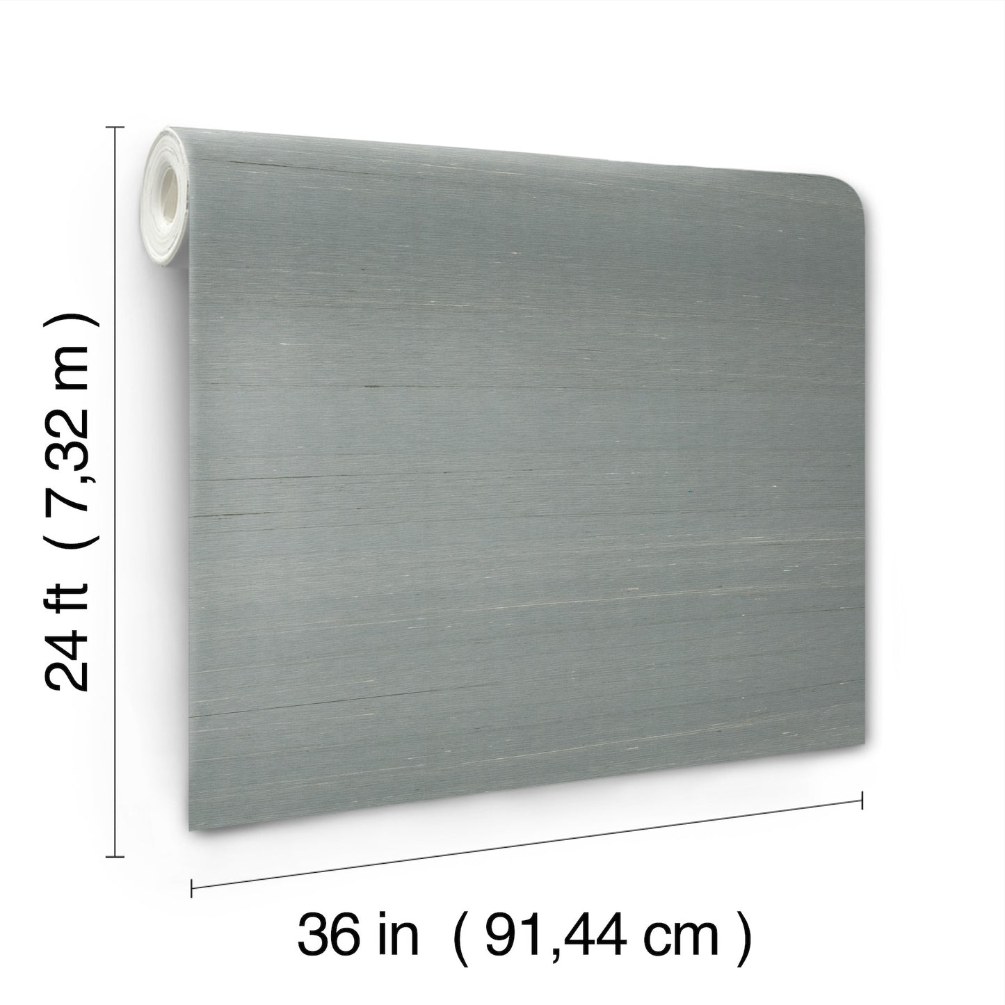 Dusty blue wallpaper roll, 36 in wide by 24 ft long, white inner core.