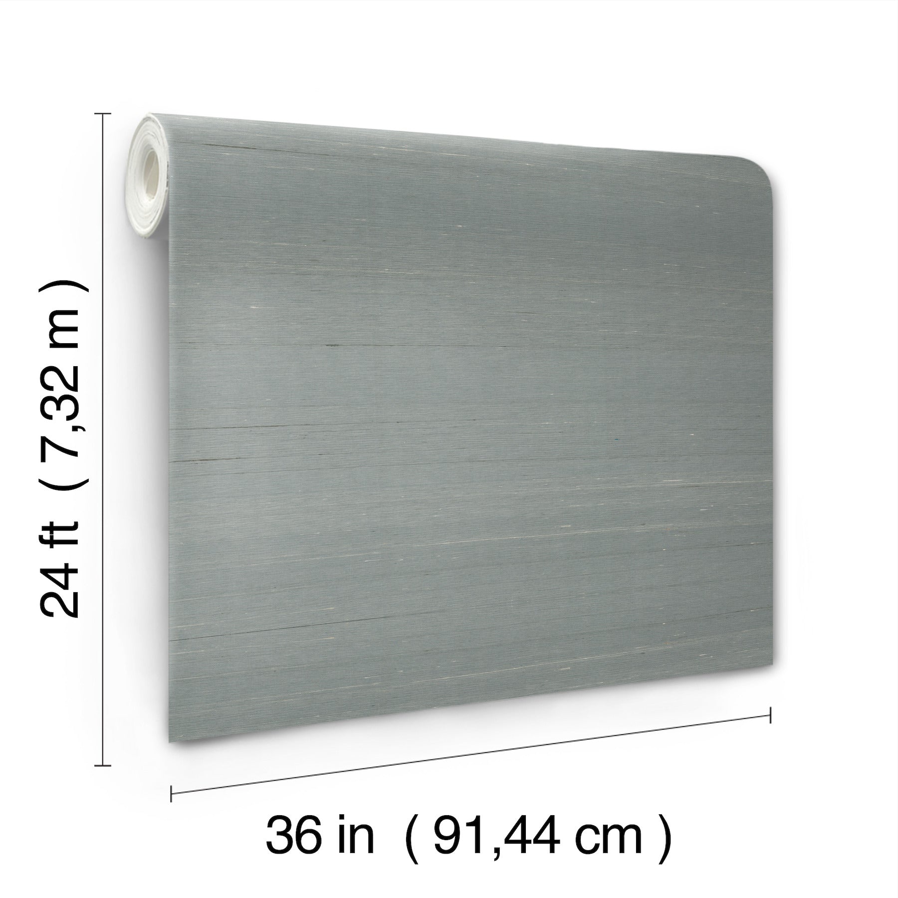 Dusty blue wallpaper roll, 36 in wide by 24 ft long, white inner core.