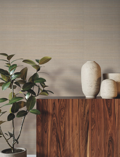 Almond beige grasscloth wallpaper with a fine abaca texture.