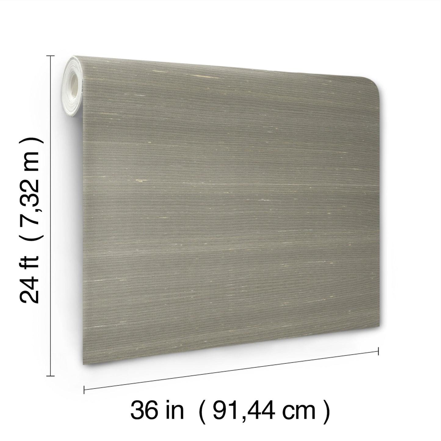 Gray textured wallpaper roll with subtle brushed lines, 36 in wide x 24 ft long.
