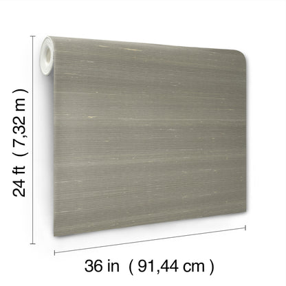 Gray textured wallpaper roll with subtle brushed lines, 36 in wide x 24 ft long.