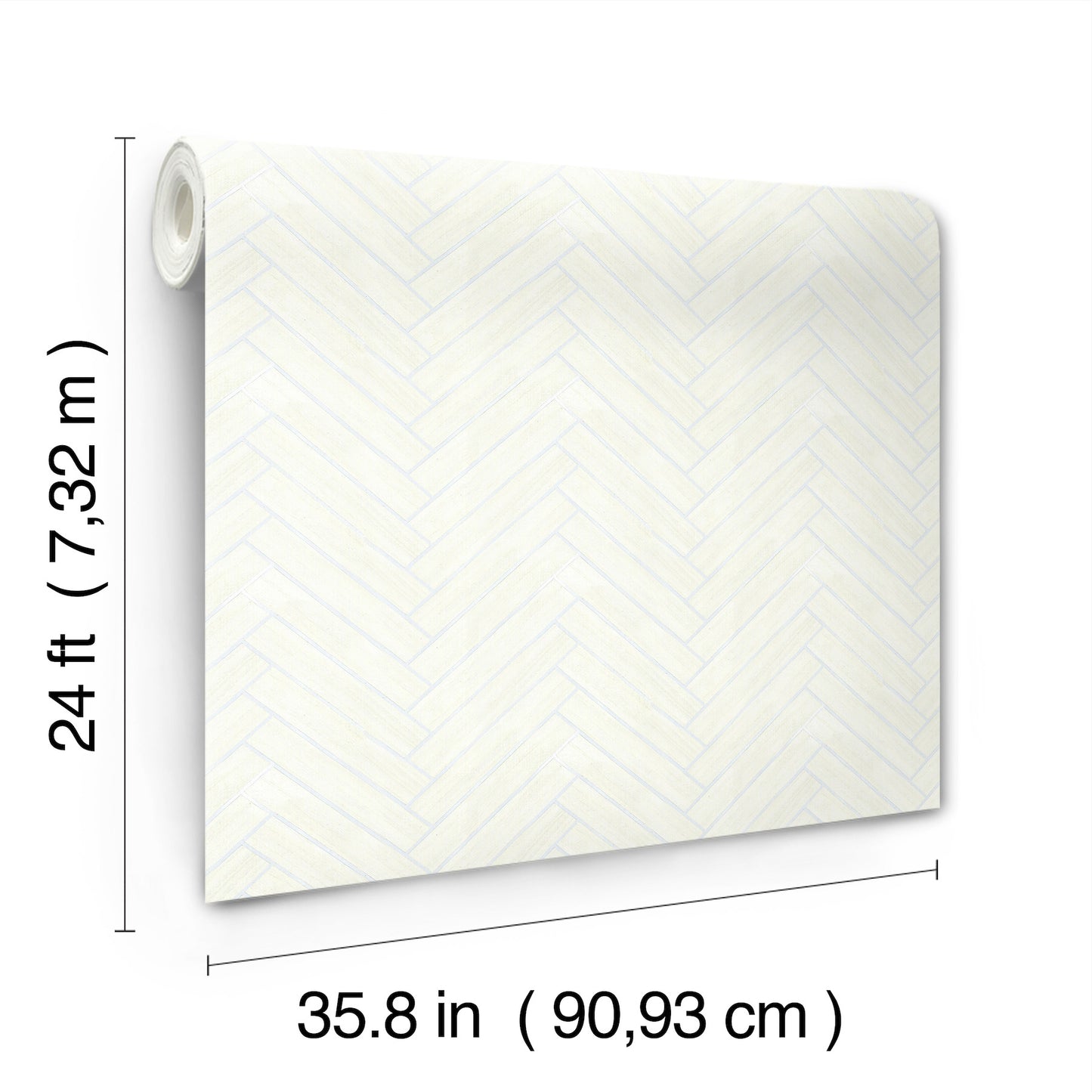 Cream-white wallpaper with a subtle chevron/herringbone pattern in pale blue-gray; rolled edge, 24 ft length, 35.8 in width.