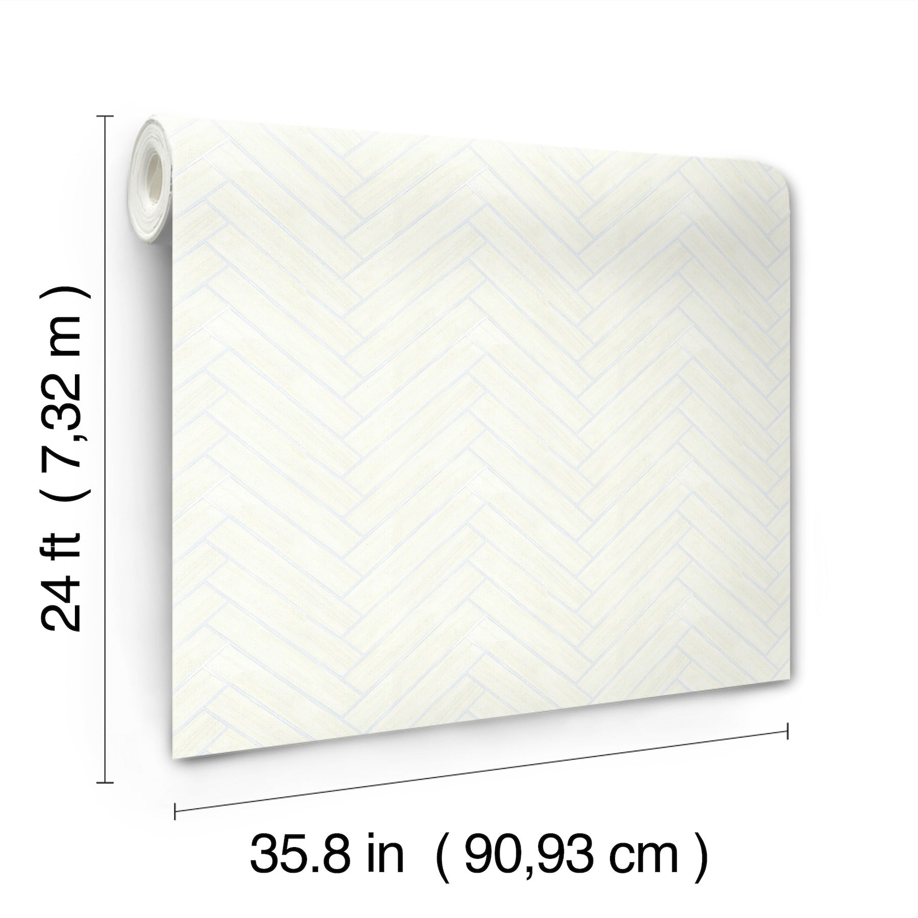 Cream-white wallpaper with a subtle chevron/herringbone pattern in pale blue-gray; rolled edge, 24 ft length, 35.8 in width.