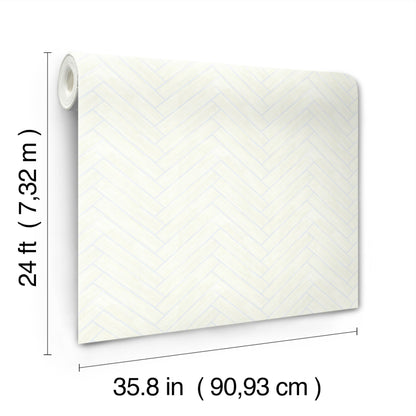 Cream-white wallpaper with a subtle chevron/herringbone pattern in pale blue-gray; rolled edge, 24 ft length, 35.8 in width.