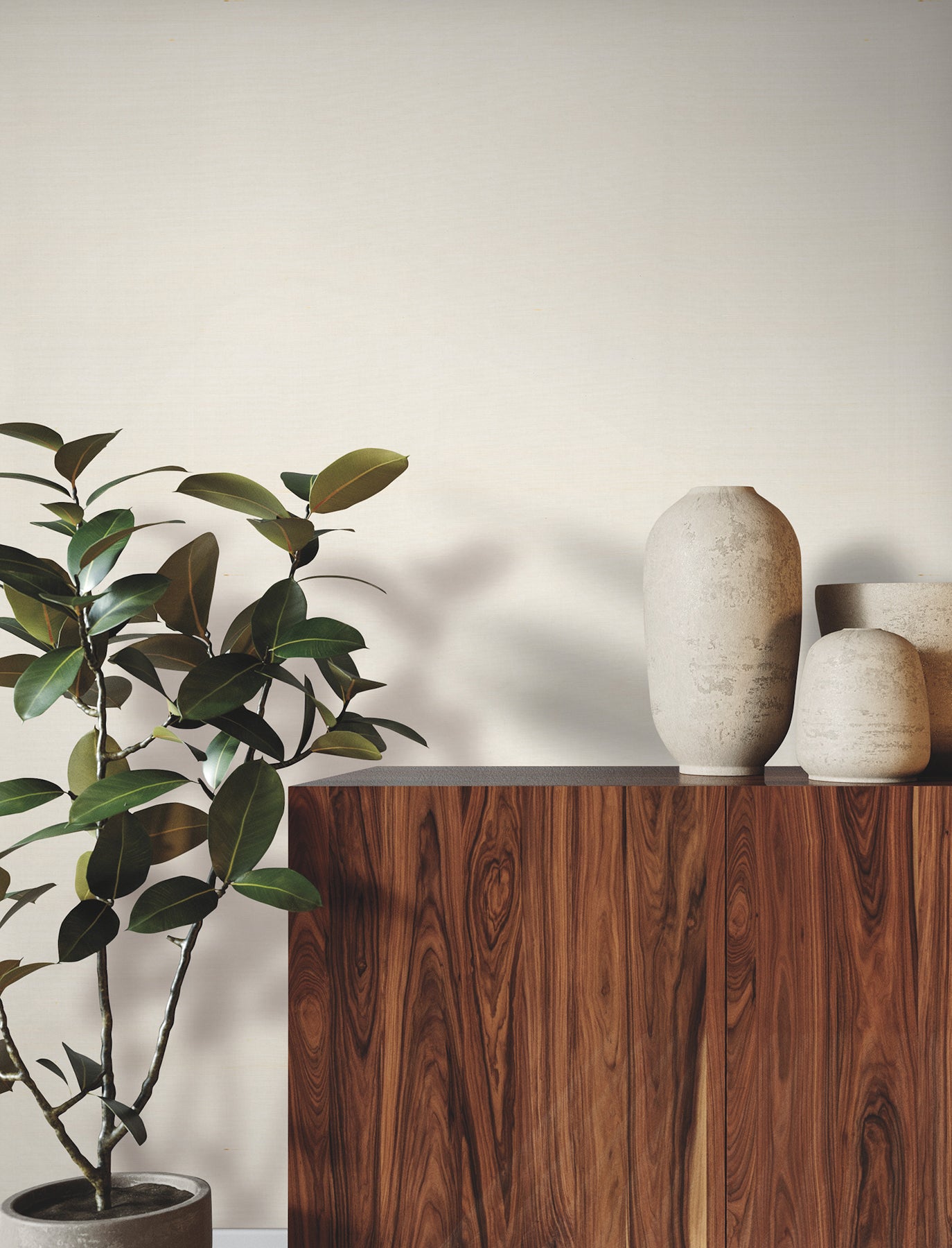Magnolia wallpaper in natural tones with a subtle weave pattern on the wall.