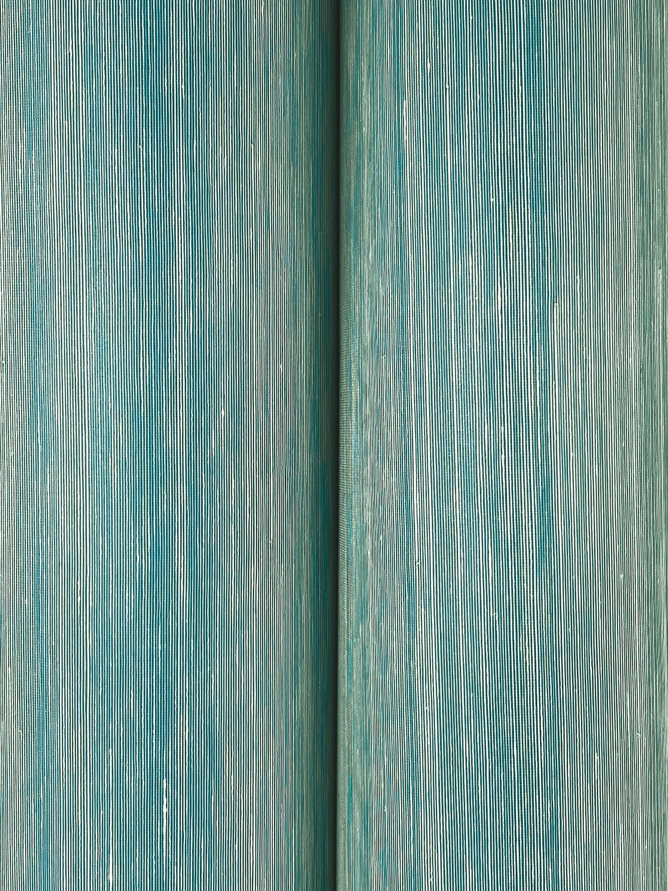 Close-up of teal weathered wallpaper texture with a subtle vertical grain & a central seam.