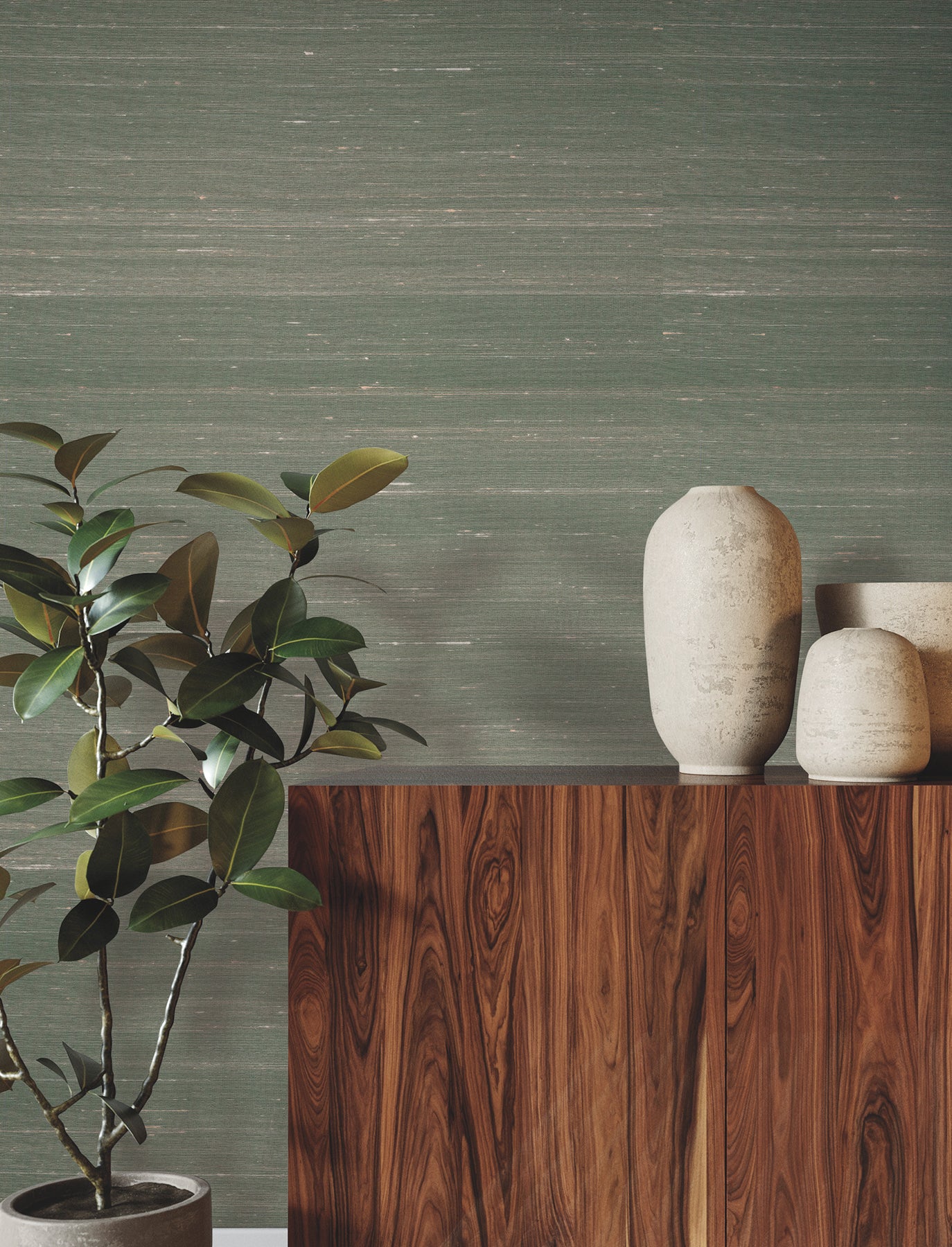 Dark walnut finish sideboard & tall ceramic vases on top, green textured wall, potted plant on left.