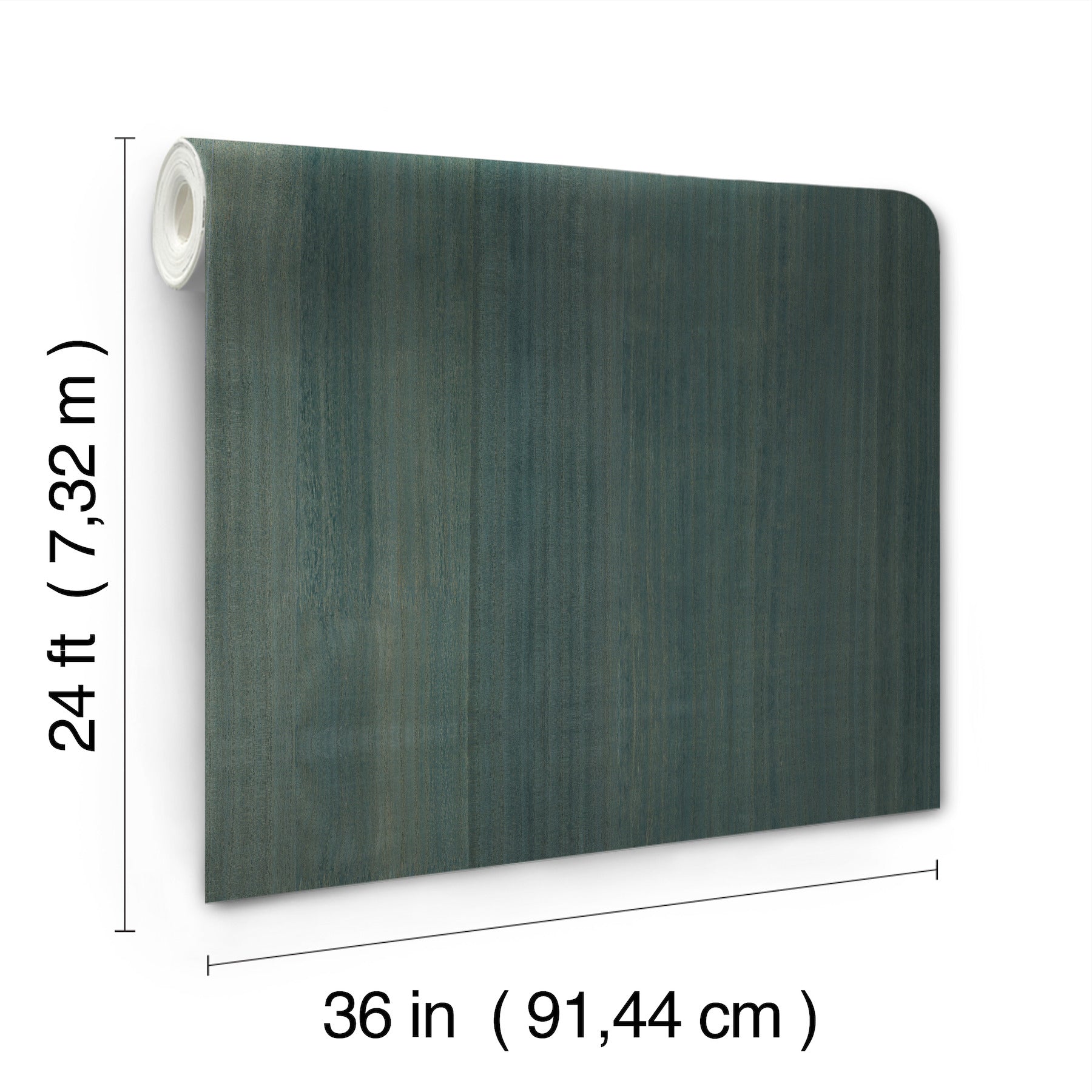 Dark teal wood-grain wallpaper panel with rolled edge at top-left, 36 in wide by 24 ft long.
