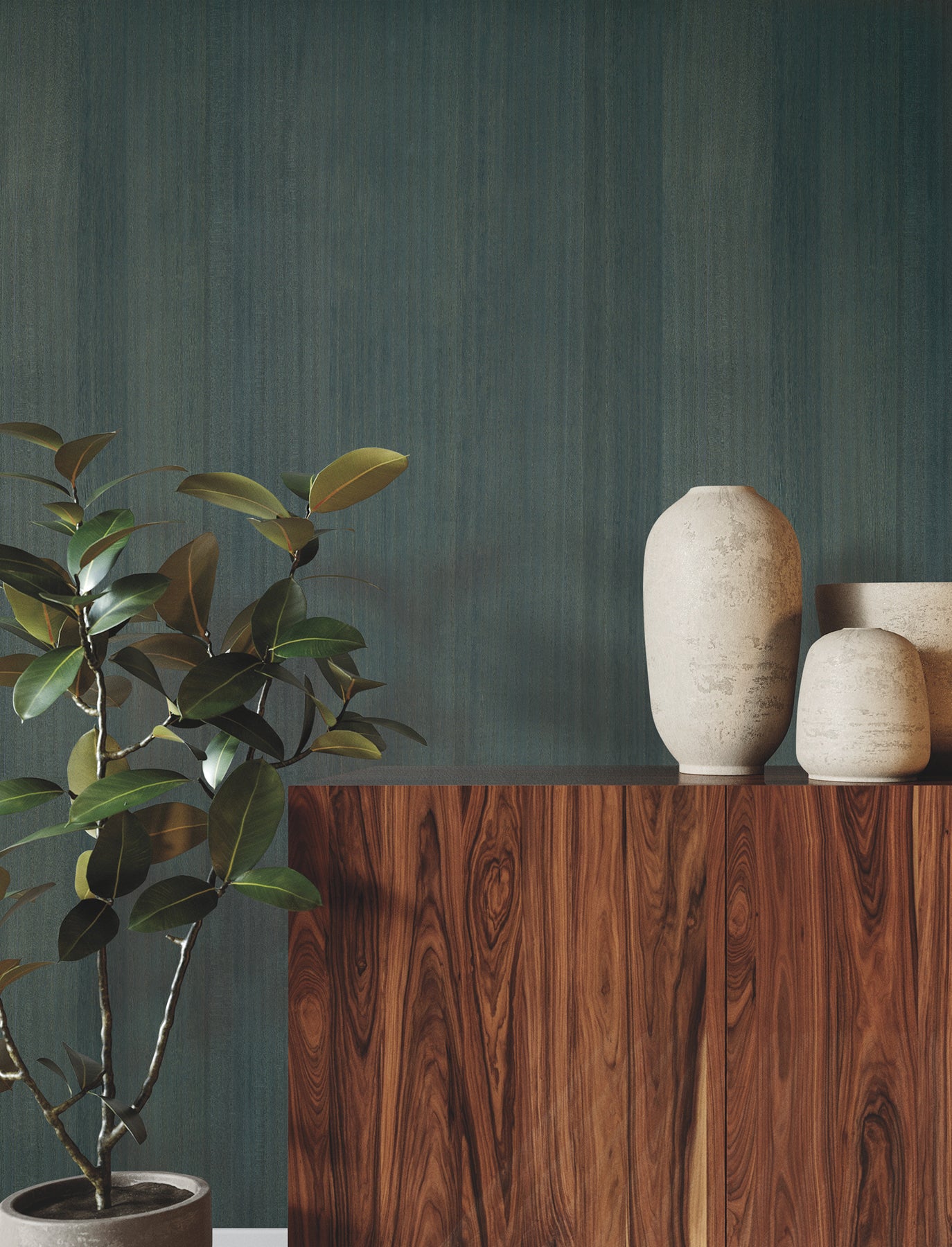 Wallpaper with a wood-veneer dusk pattern on the wall; cream ceramic vases and a leafy potted plant on a surface in the foreground.