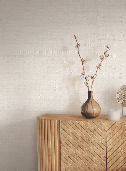 Grasscloth wallpaper in white and natural raffia tones, with a textured woven look.
