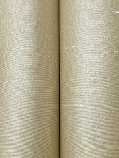 Two beige textured wallpaper rolls with linen-like weave and a center seam.