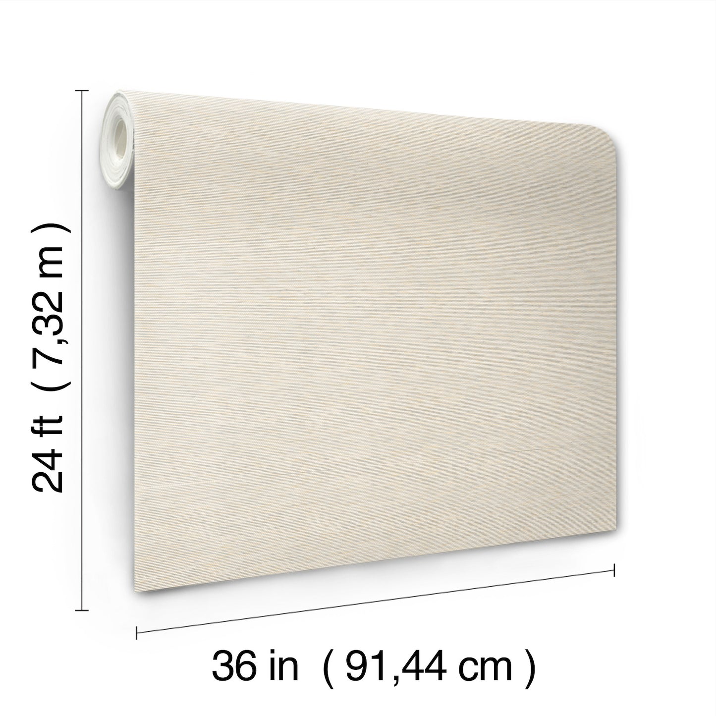 Beige textured wallpaper roll, 36 in wide by 24 ft long, fabric-like finish.