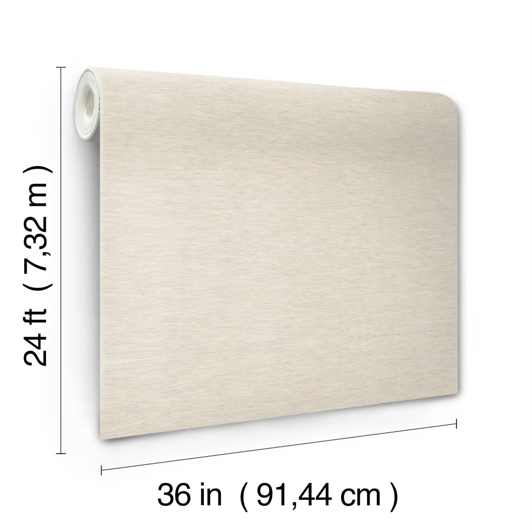 Beige textured wallpaper roll, 36 in wide by 24 ft long, fabric-like finish.