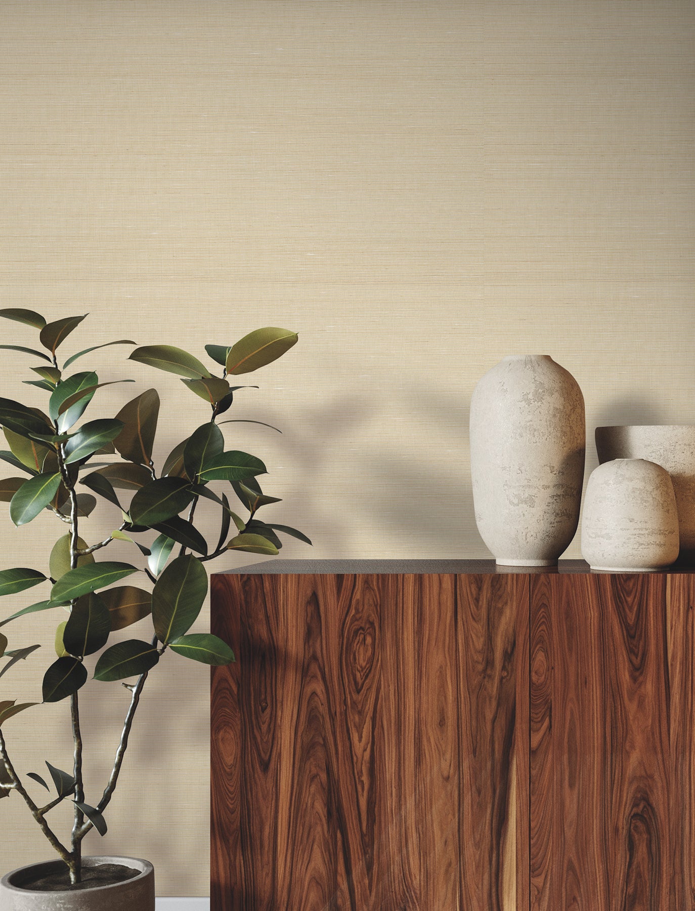 Interior room with natural-toned grasscloth wallpaper on the walls.