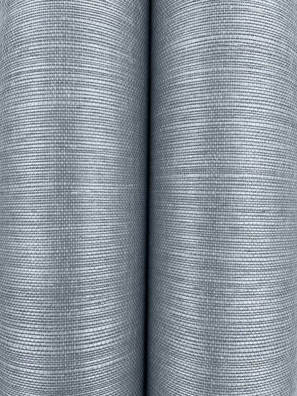 Two gray grasscloth wallpaper rolls with a fine ribbed texture and a subtle blue tint.