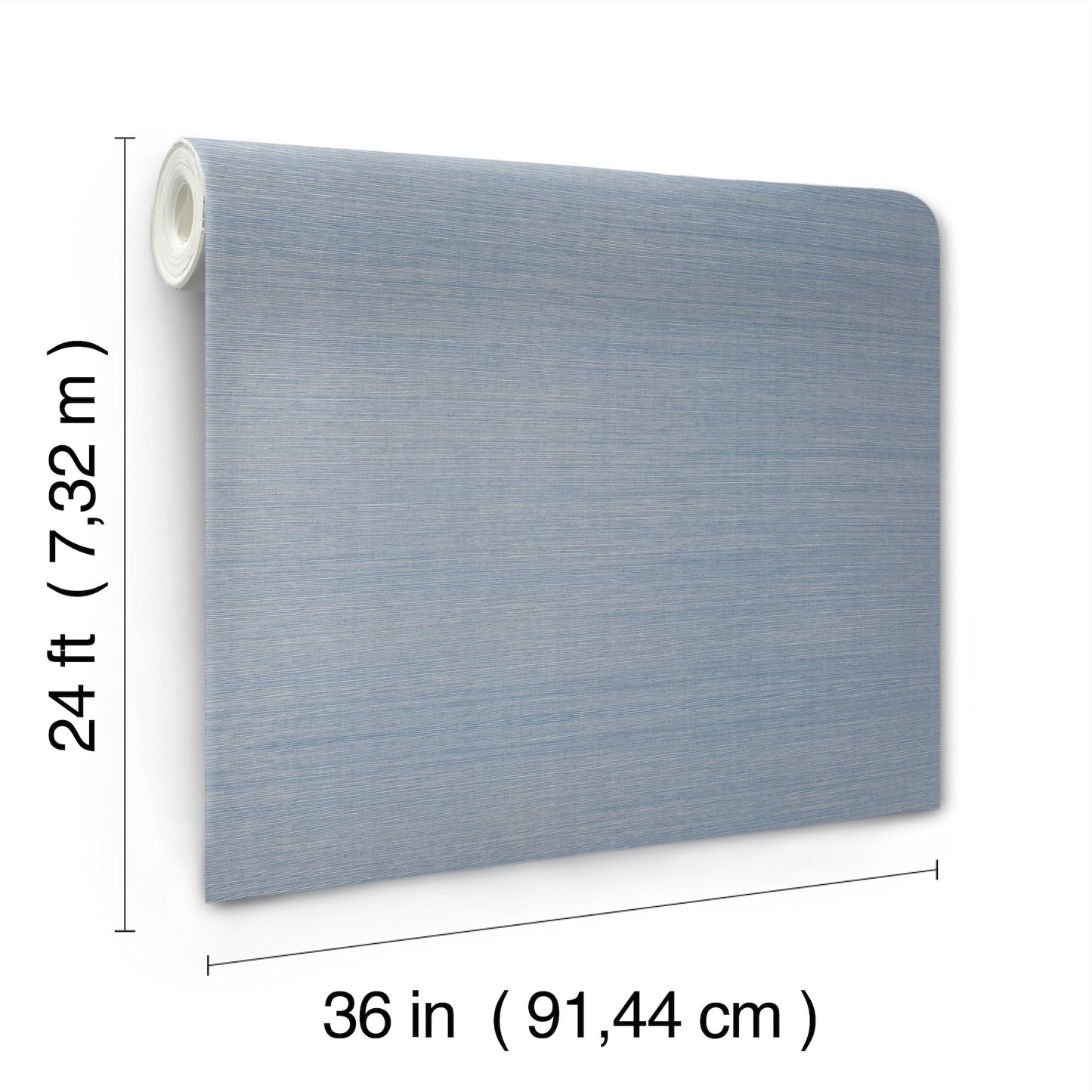 Blue-gray textured wallpaper roll with fabric-like finish, 36in wide by 24ft long.