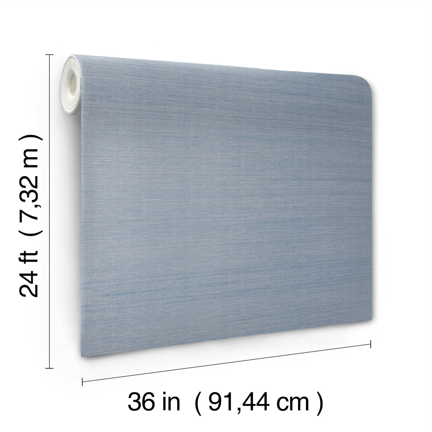 Blue-gray textured wallpaper roll with fabric-like finish, 36in wide by 24ft long.