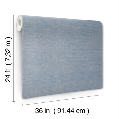 Blue-gray textured wallpaper roll with fabric-like finish, 36in wide by 24ft long.