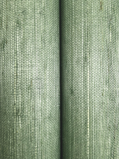 Evergreen grasscloth wallpaper with horizontal jute weave texture.