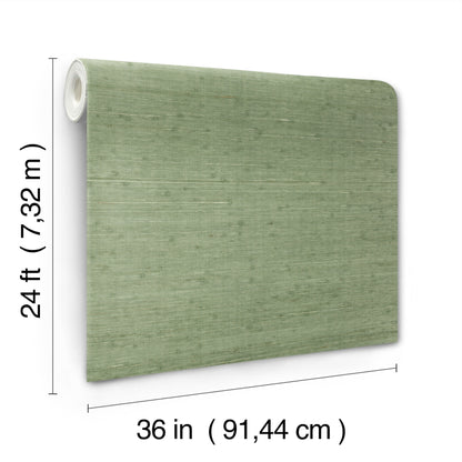 Green jute grasscloth wallpaper roll, 36 in wide by 24 ft long.