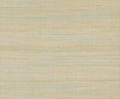 Beige grasscloth wallpaper texture with subtle pale blue horizontal stripes.