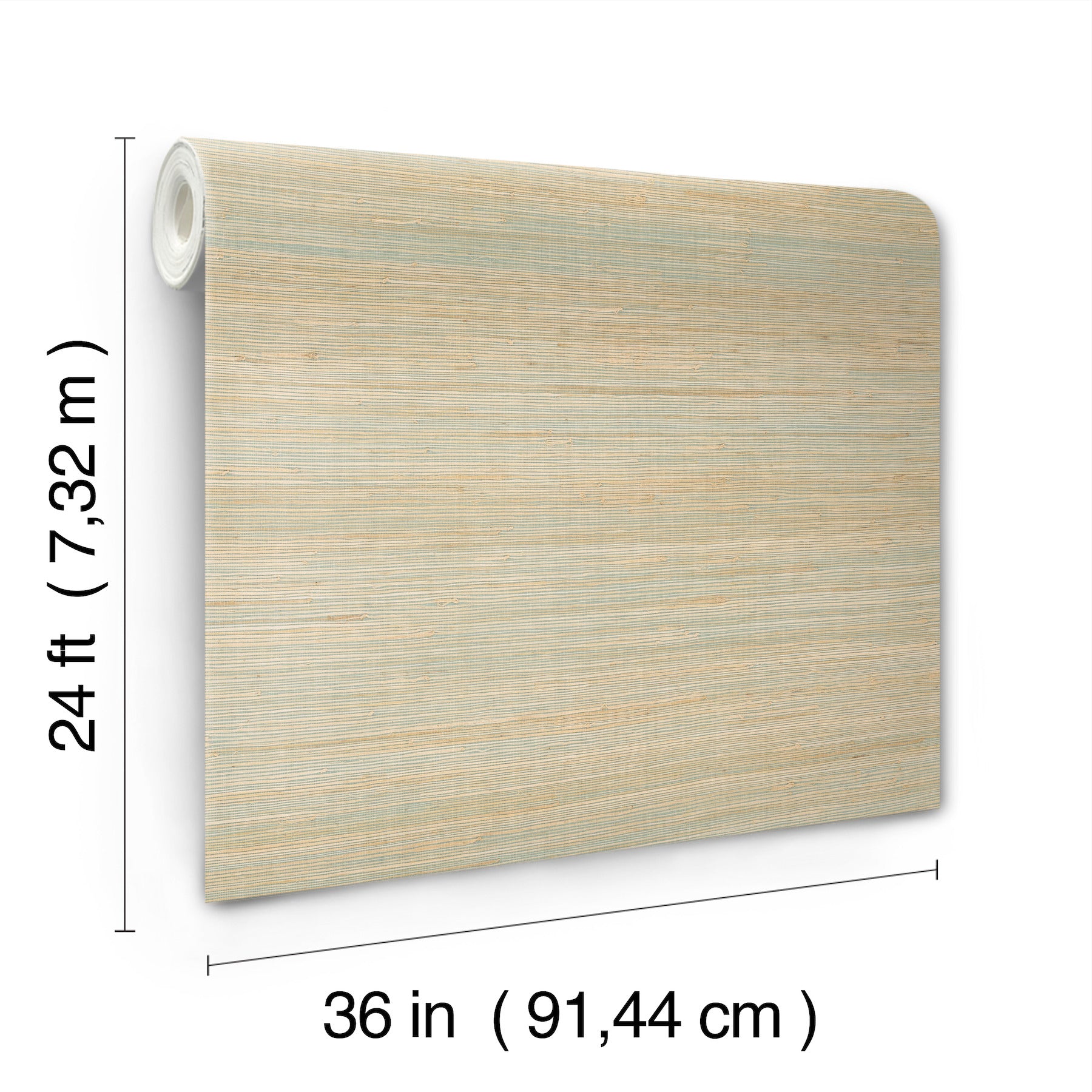 Light beige wood-grain vinyl wallpaper roll, 36 in wide x 24 ft long, subtle blue-gray streaks.