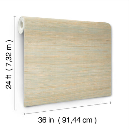 Light beige wood-grain vinyl wallpaper roll, 36 in wide x 24 ft long, subtle blue-gray streaks.