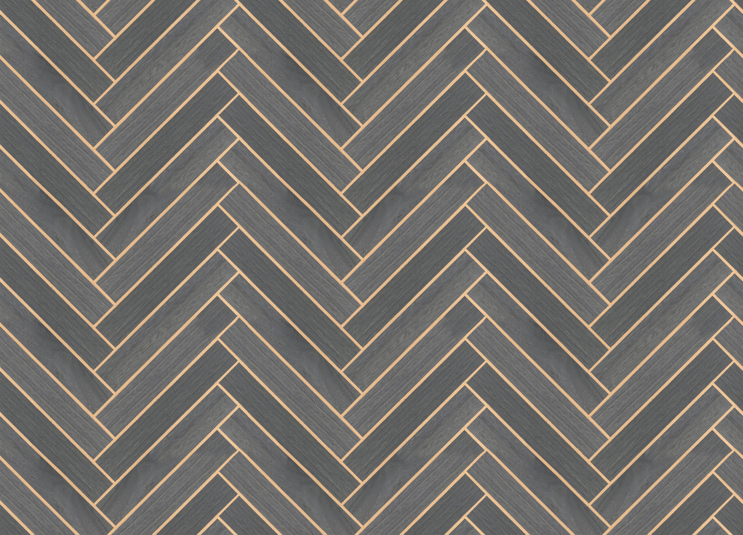 Dark blue-gray herringbone wood veneer wallpaper in graphite tones; close-up shows wood grain pattern.