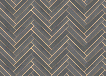 Dark blue-gray herringbone wood veneer wallpaper in graphite tones; close-up shows wood grain pattern.