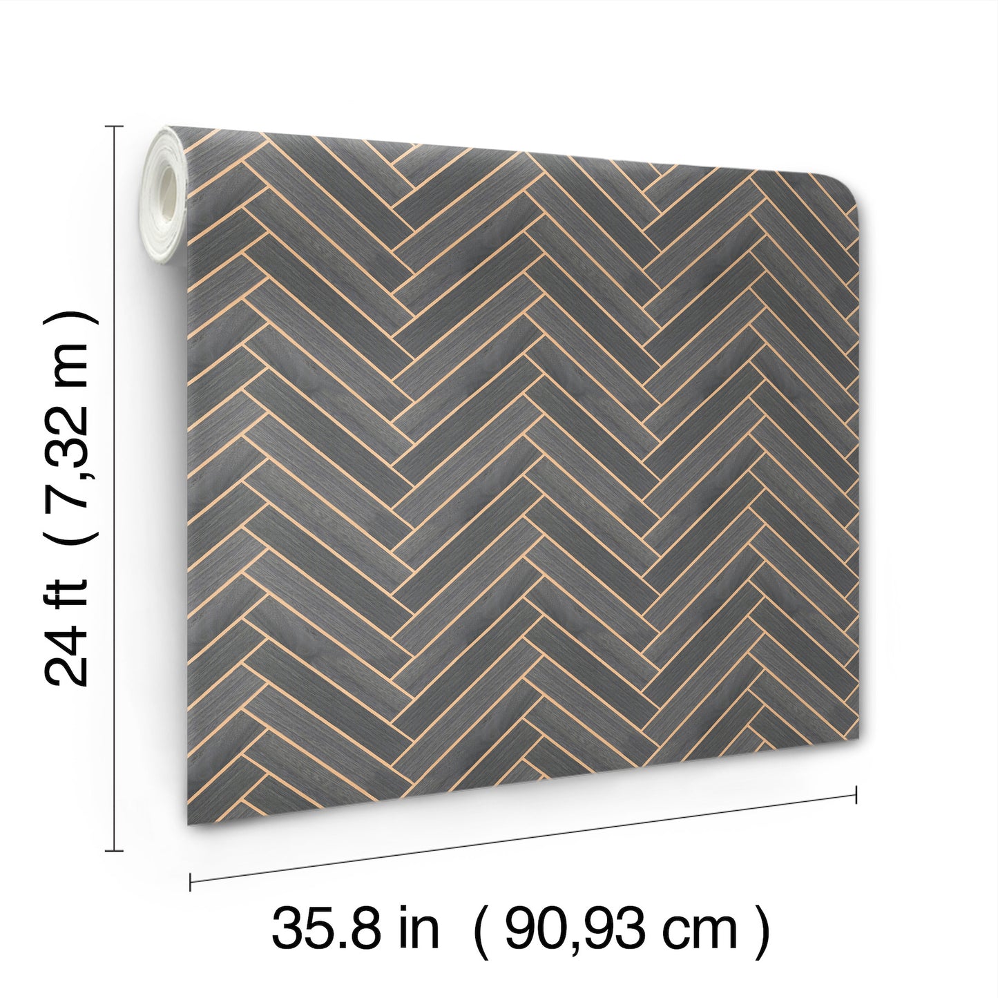 Roll of charcoal wallpaper with tan wood-tone herringbone pattern, 24 ft long by 35.8 in wide.