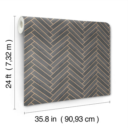 Roll of charcoal wallpaper with tan wood-tone herringbone pattern, 24 ft long by 35.8 in wide.