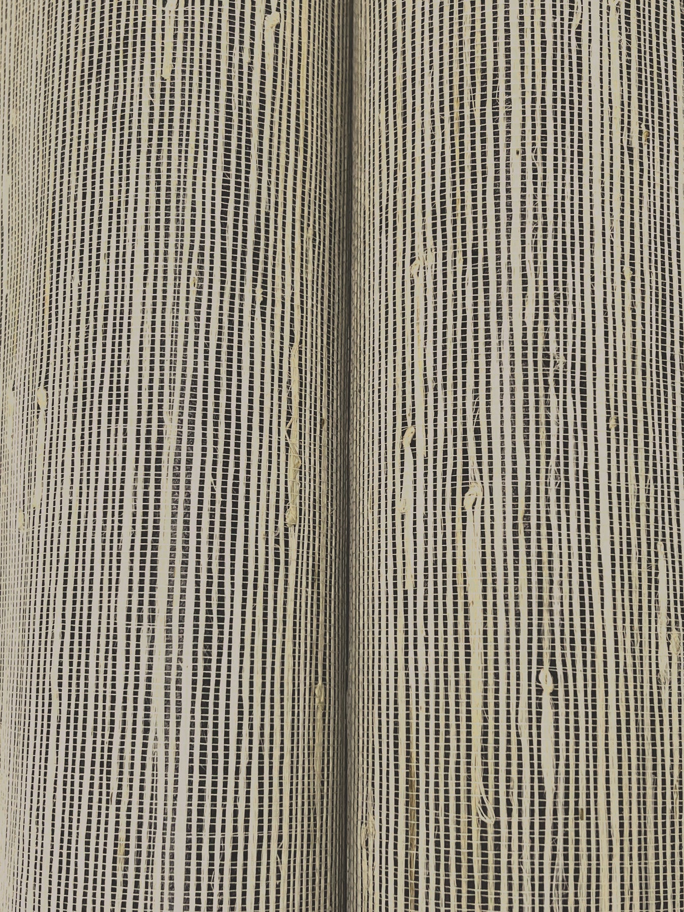 Beige ribbed woven fabric with fine black vertical stripes; close-up texture for upholstery or drapes.