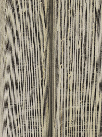 Beige ribbed woven fabric with fine black vertical stripes; close-up texture for upholstery or drapes.