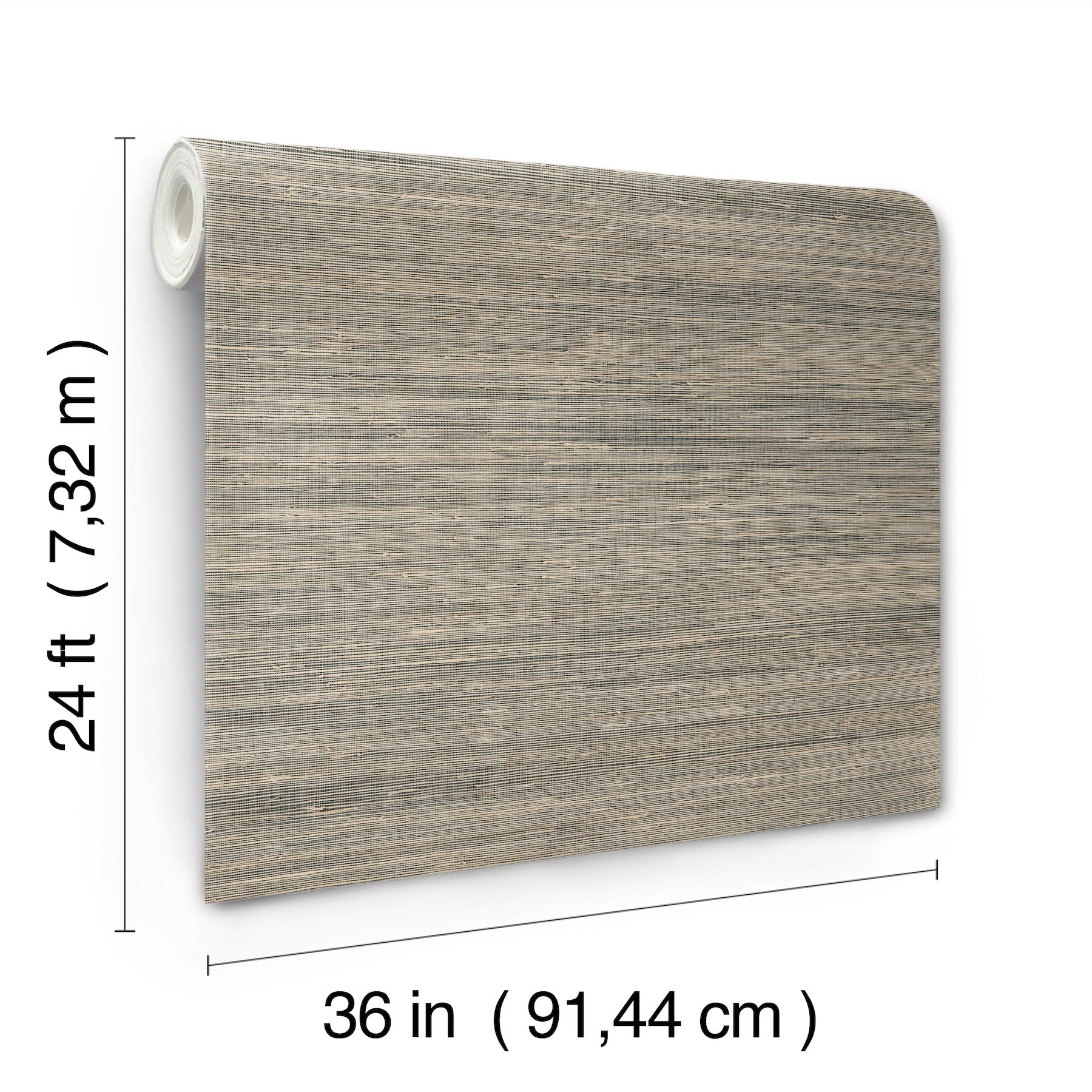 Weathered gray wood-grain wallpaper roll, vinyl faux-wood panel pattern, 36 in wide by 24 ft long.