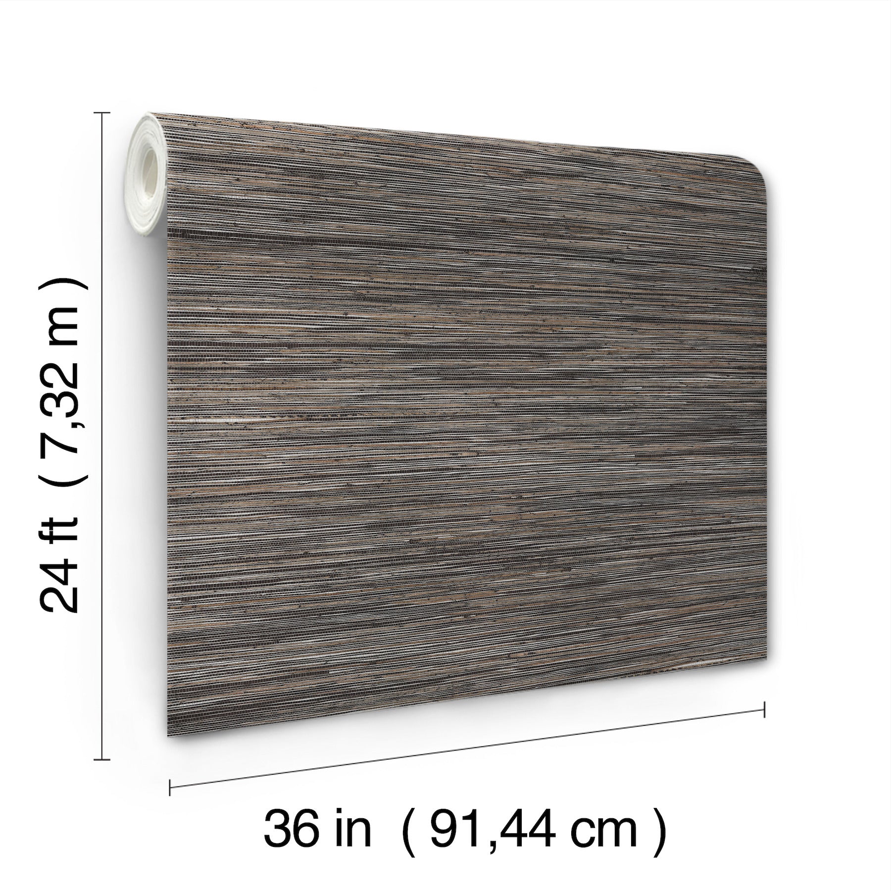Gray-brown grasscloth wallpaper roll with black & silver shimmer, 36 in wide by 24 ft long.