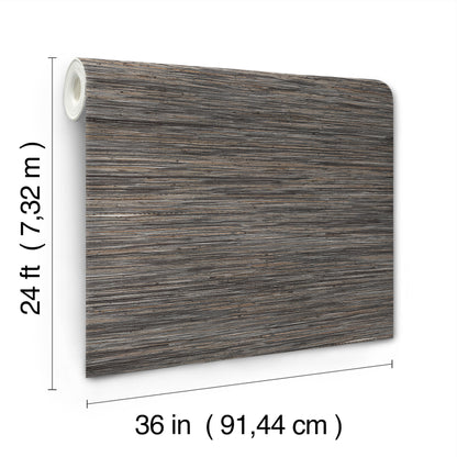 Gray-brown grasscloth wallpaper roll with black & silver shimmer, 36 in wide by 24 ft long.