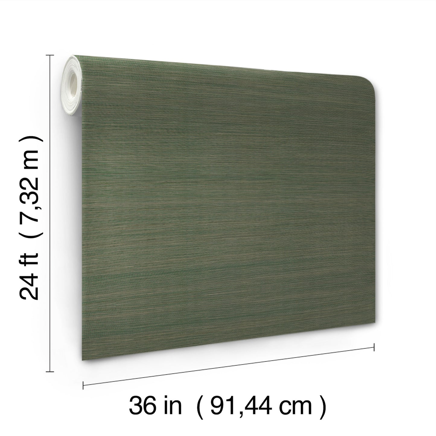 Olive green forest grasscloth wallpaper roll with natural texture, 36 in wide by 24 ft long, white core.