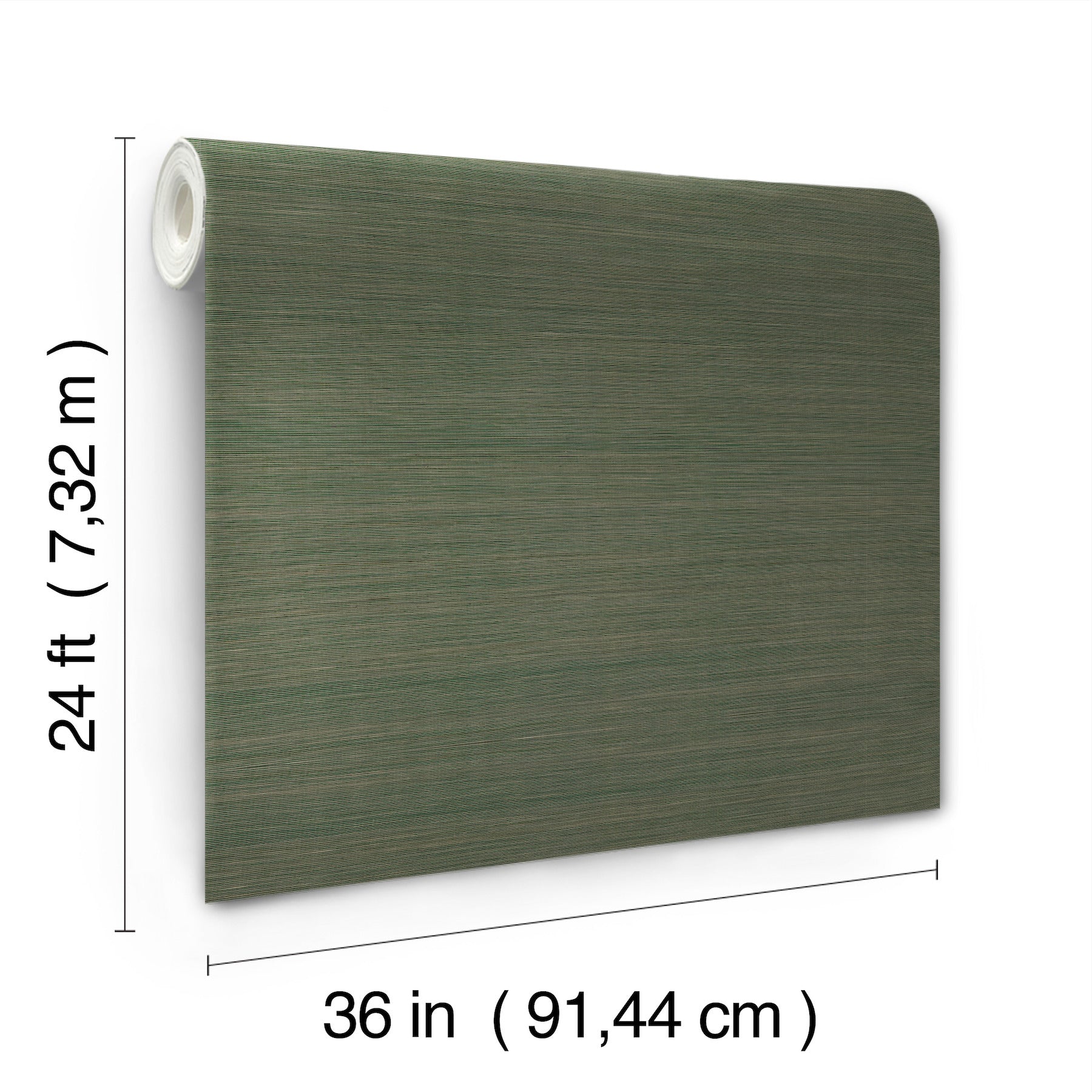 Olive green forest grasscloth wallpaper roll with natural texture, 36 in wide by 24 ft long, white core.