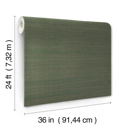 Olive green forest grasscloth wallpaper roll with natural texture, 36 in wide by 24 ft long, white core.