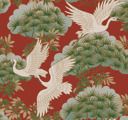 York Wallcoverings Tea Garden II Sprig and Heron Red Wallpaper Traditional Botanical Reds   - ZA8006