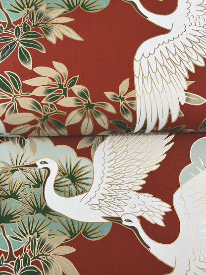 York Wallcoverings Tea Garden II Sprig and Heron Red Wallpaper Traditional Botanical Reds   - ZA8006