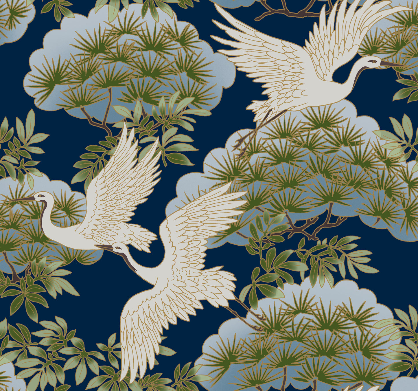 York Wallcoverings Tea Garden II Sprig and Heron Navy Wallpaper Traditional Botanical Blues   - ZA8007