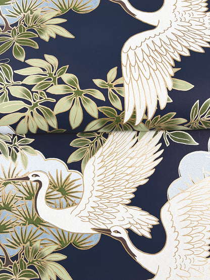 York Wallcoverings Tea Garden II Sprig and Heron Navy Wallpaper Traditional Botanical Blues   - ZA8007