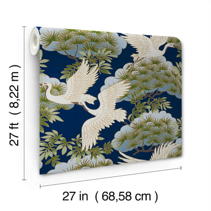 York Wallcoverings Tea Garden II Sprig and Heron Navy Wallpaper Traditional Botanical Blues   - ZA8007
