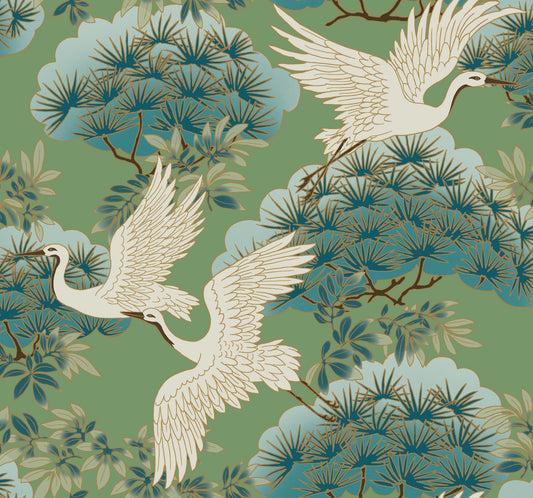 York Wallcoverings Tea Garden II Sprig and Heron Green Wallpaper Traditional Botanical Greens   - ZA8008