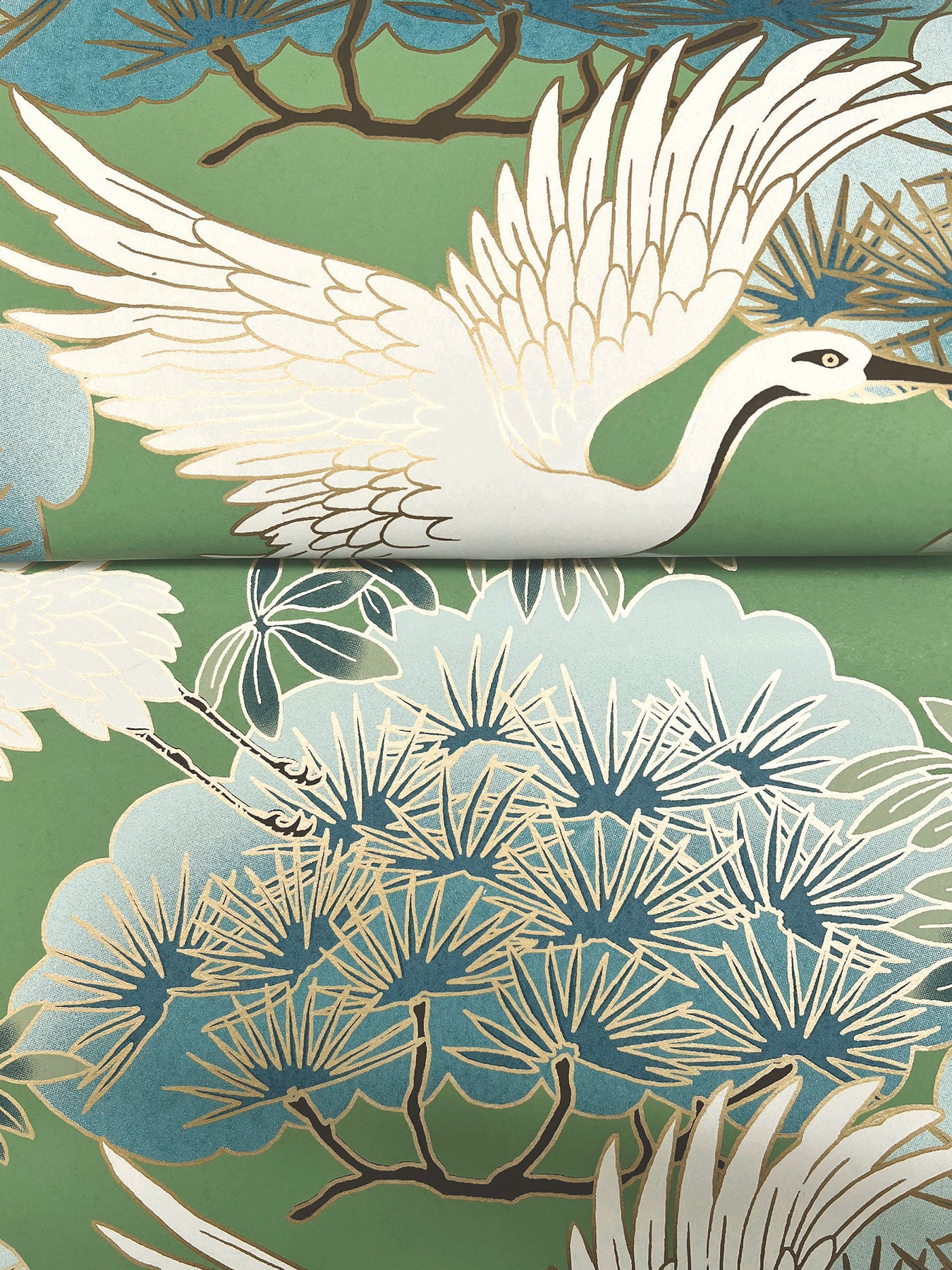 York Wallcoverings Tea Garden II Sprig and Heron Green Wallpaper Traditional Botanical Greens   - ZA8008