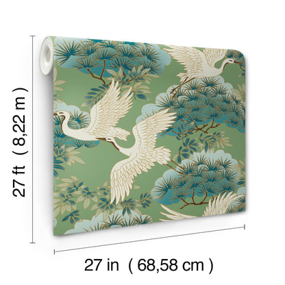 York Wallcoverings Tea Garden II Sprig and Heron Green Wallpaper Traditional Botanical Greens   - ZA8008