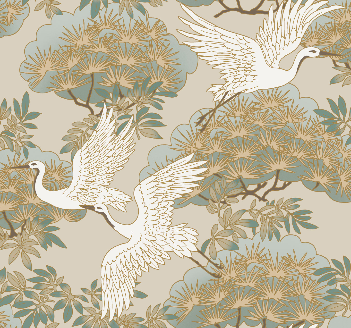 York Wallcoverings Tea Garden II Sprig and Heron Beige Wallpaper Traditional Botanical Beiges   - ZA8009