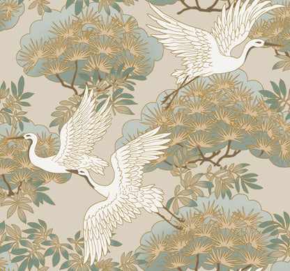 York Wallcoverings Tea Garden II Sprig and Heron Beige Wallpaper Traditional Botanical Beiges   - ZA8009