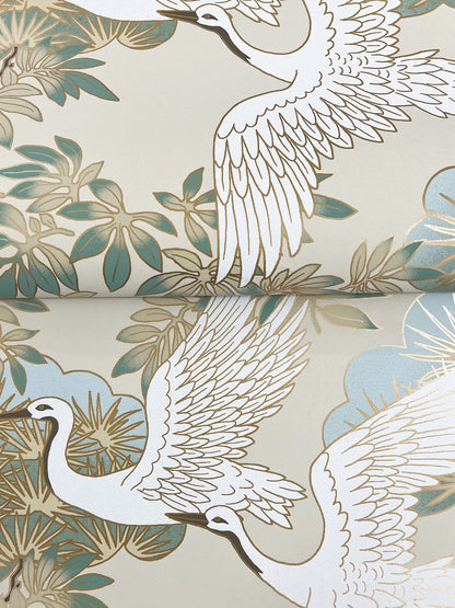 York Wallcoverings Tea Garden II Sprig and Heron Beige Wallpaper Traditional Botanical Beiges   - ZA8009